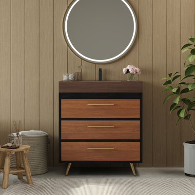  Meuble-lavabo autoportant moderne avec lavabo simple et 3 tiroirs, quincaillerie dorée, noir, noyer, blanc