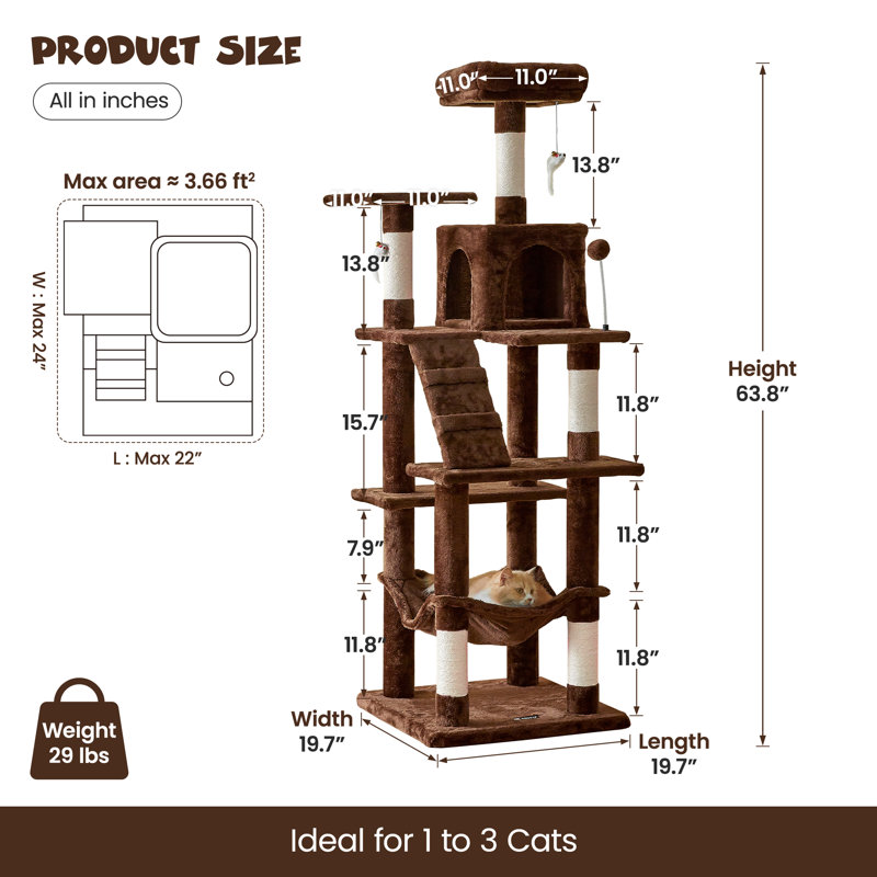 Grand condo 64 "pour chat, Brun, H 63,8 po x l 19,7 po x P 19,7 po