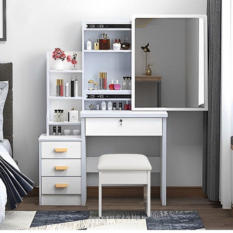 Coiffeuse tendance avec miroir et éclairage pour maquillage, chaise incluse. Ensemble coiffeuse avec miroir et éclairage réglable sur 3 couleurs, 4 tiroirs, couleur blanche.