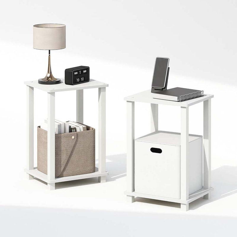 Compact Bedside Table, Nightstand, White/White, Set Of 2