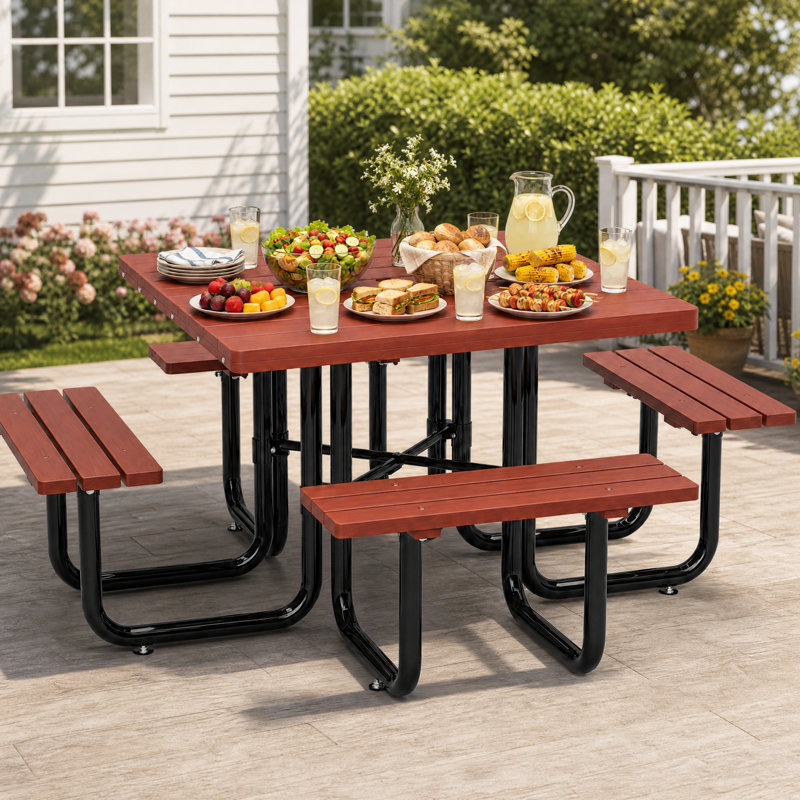 Ensemble de table de pique-nique carrée avec plateau en bois massif et bancs intégrés