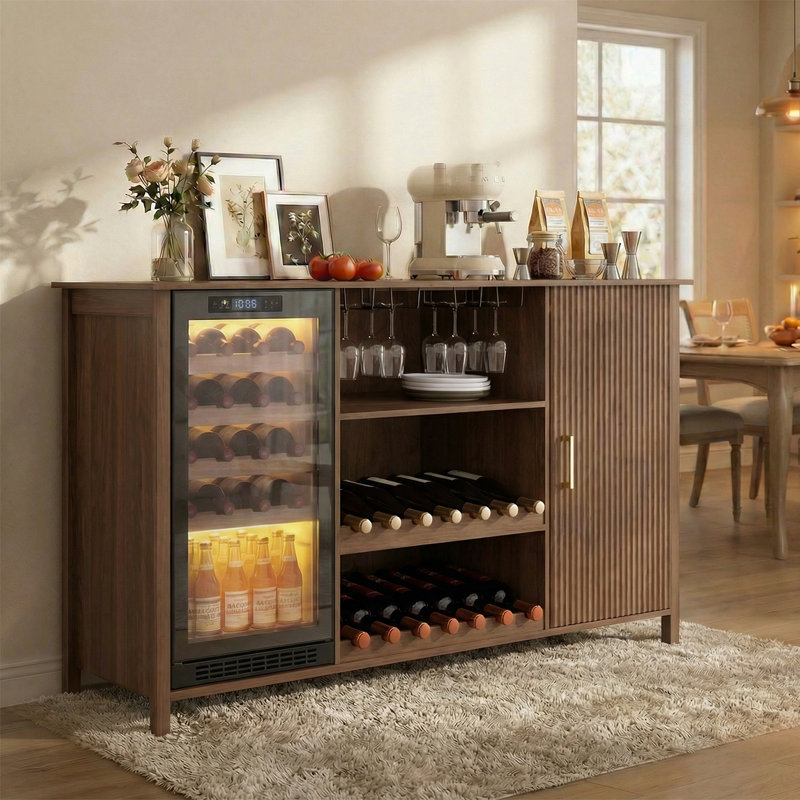70" Wine Bar Cabinet with Fluted Texture, Modern Coffee Cabinet with Wine Rack&Glass Holder, White Kitchen Buffet Sideboard, Freestanding Liquor Cabinet for Dining Room Living Room