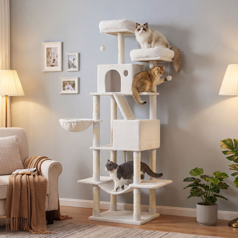 Arbre à chat 81,1 po avec 13 poteaux à griffer, condo pour chat à plusieurs niveaux, Crème / blanc