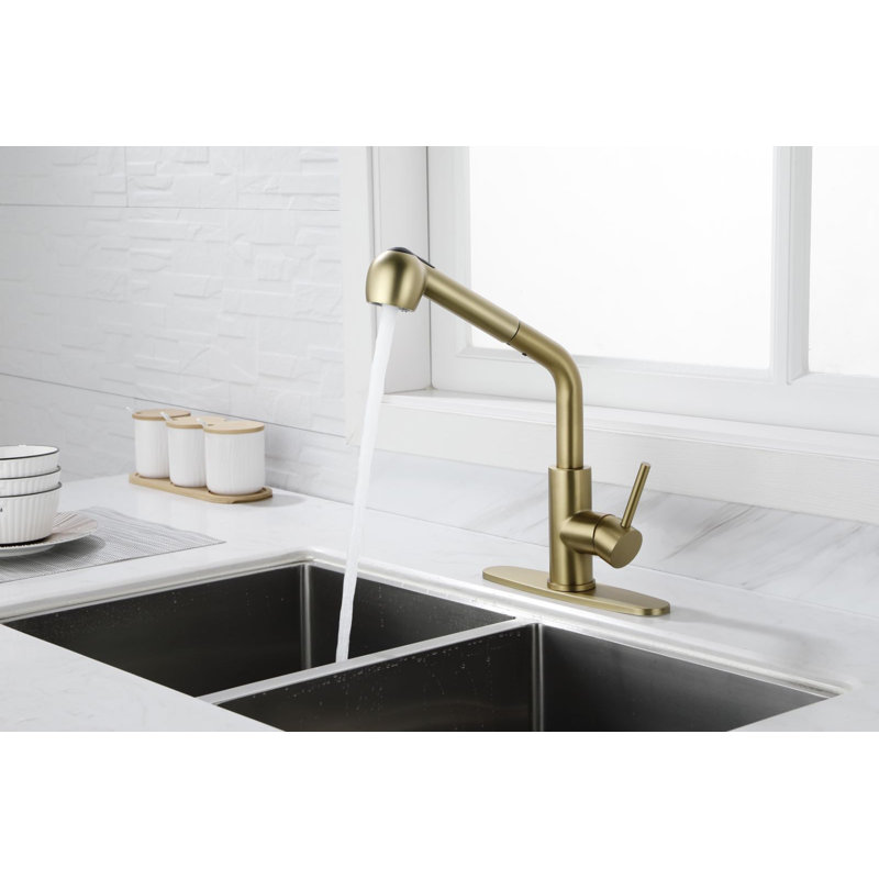 Beslend Pull Out Kitchen Faucet, Brushed Gold
