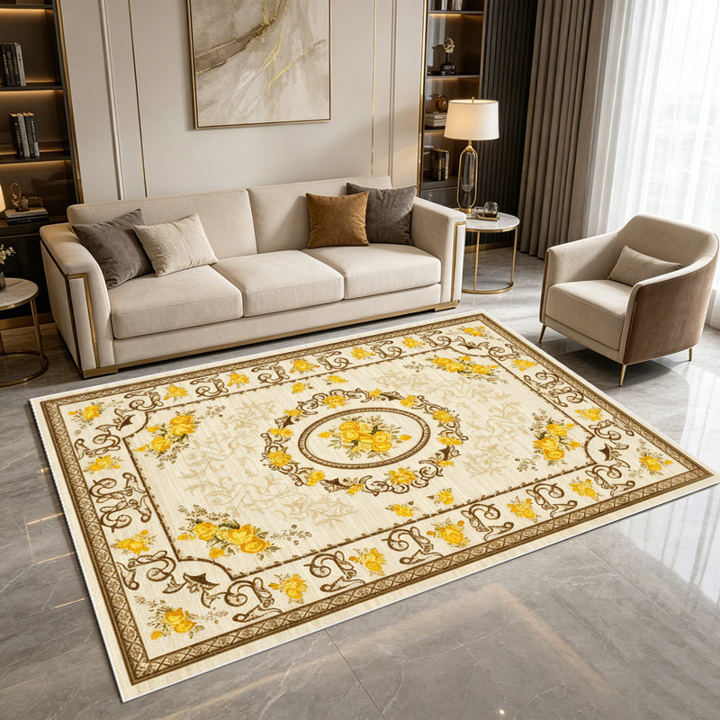 1PC Vintage European Yellow Rose Floral Damask area rugs for Living Room, Soft and Comfortable, Suitable for all seasons, easy-to-maintain, machine washable Indoor floor mat, Under Table Farmhouse suitable for Dining Room, Bedroom, Entryway, Hallway,