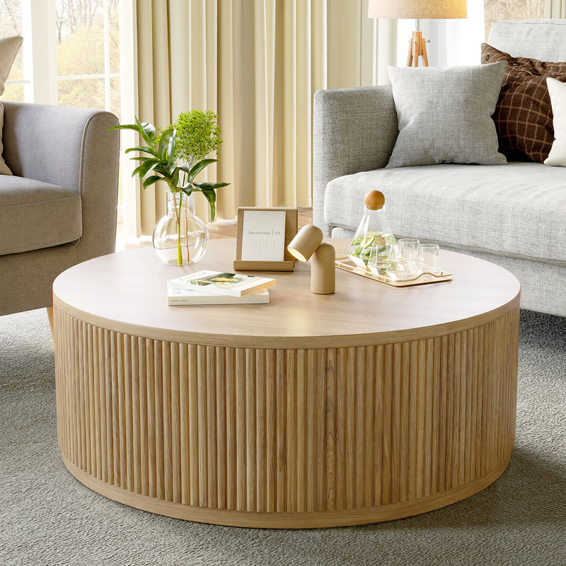 40.1"W Round Solid Wood Spacious Coffee Table Drum Table with Fluted Design, 16" H x 40" L x 40" W, Beige
