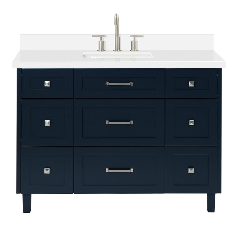 ARIEL Monroe 48 Single Sink Bathroom Vanity with Carrara Quartz Top, Midnight Blue, 48" - 49", Pure White Quartz
