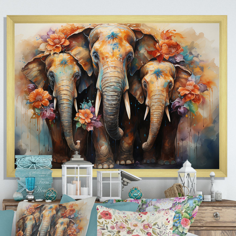 Art asiatique, éléphants thaïlandais - impression, H 12 po x l 20 po x P 1 po, Encadrement doré