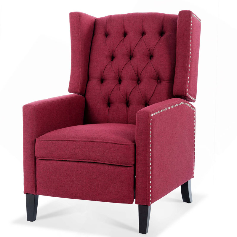 Fauteuil inclinable manuel capitonné à oreilles avec têtes de clou décoratives et engrenages réglables, Vin rouge (tissu)