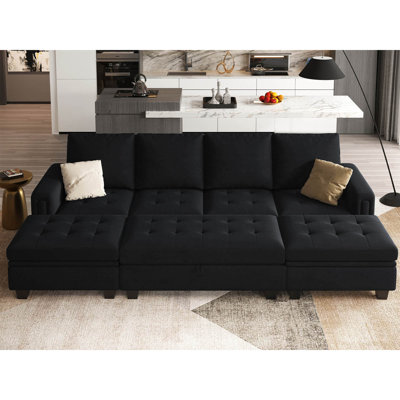 Shavera Velvet Reversible Sectional Sofa Bed Convertible Modular Sleeper Couch With Storage Ottoman