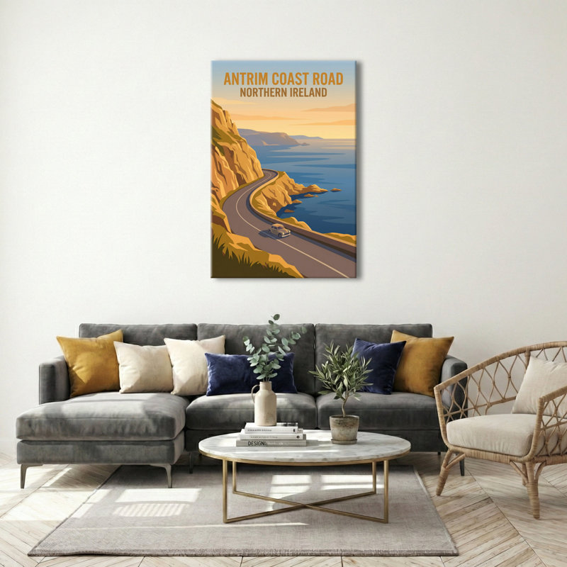 Antrim Coast Road, Northern Ireland - Romantic Coastal Drive Travel Poster. Giclee Print On Wrapped Canvas. Wall Art, Home Decor - Regions & Scenic Areas, Northern Ireland - Wrapped Canvas Print