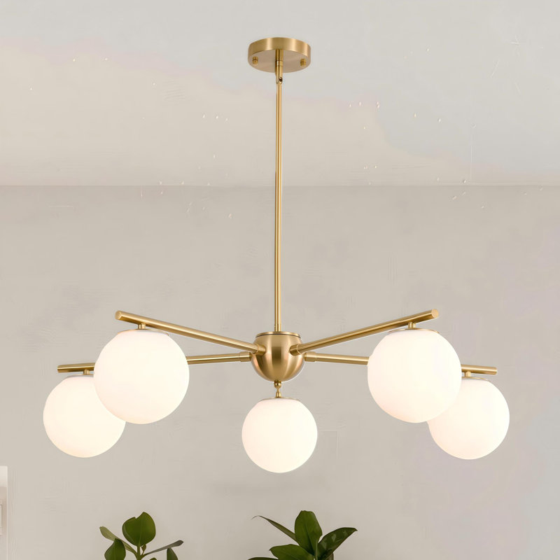 Lustre spoutnik moderne en laiton 5 lumières avec globes en verre opale (35,4 po)