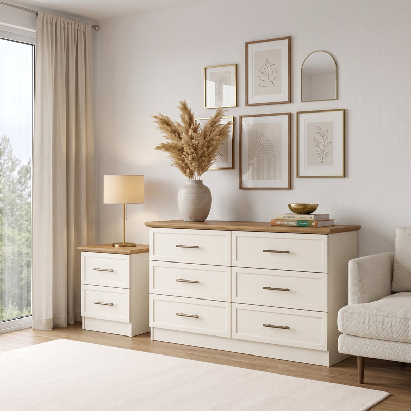 Arata Bedside Table And 6 Drawer Chest Bedroom Set, Ivory
