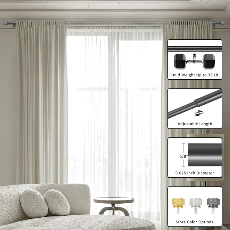 Ensemble de tringle à rideaux double ajustable de 5/8 po de diamètre avec fleuron Maniglia, , Métal industriel, 84" - 120"