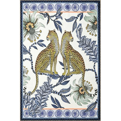 Machine Washable Tiger Animal Patterned Blue Toned Woven Base Area Rug