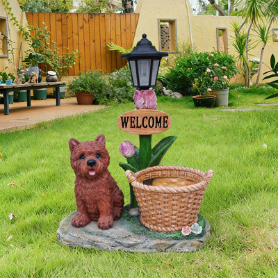 Adorable Sitting Puppy Solar Planter Outdoor Statue with Automatic Lighting and Durable Design for Garden Decor