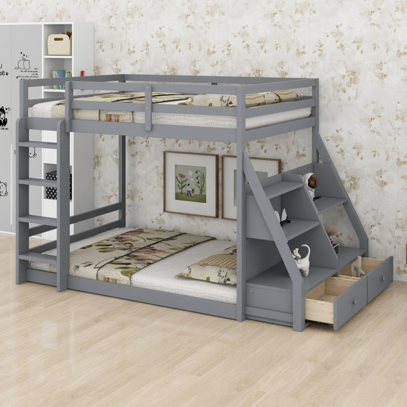Bunk Bed with APP-Controlled 7-Color LED Lights, USB Ports, Shelves and 2  Drawers, Gray