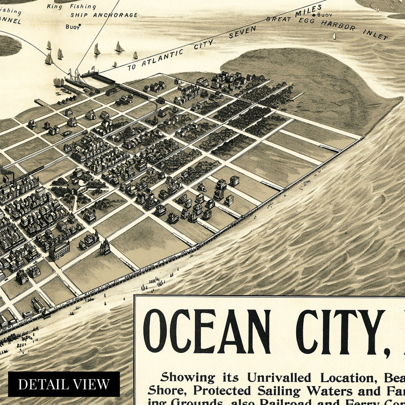 1903, carte d'Ocean City NJ sur papier, H 24 po x l 36 po