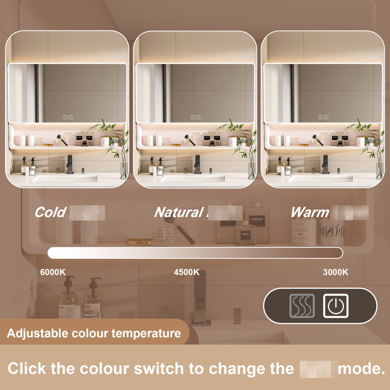 Khaki 35 X 28 Inches Bathroom Mirror Cabinet, Aluminium, Led With Defogging, Cosmetic Container, Hair Dryer Slot Cabinet Mirror, Inches, 3 Colors , Basket, Space,