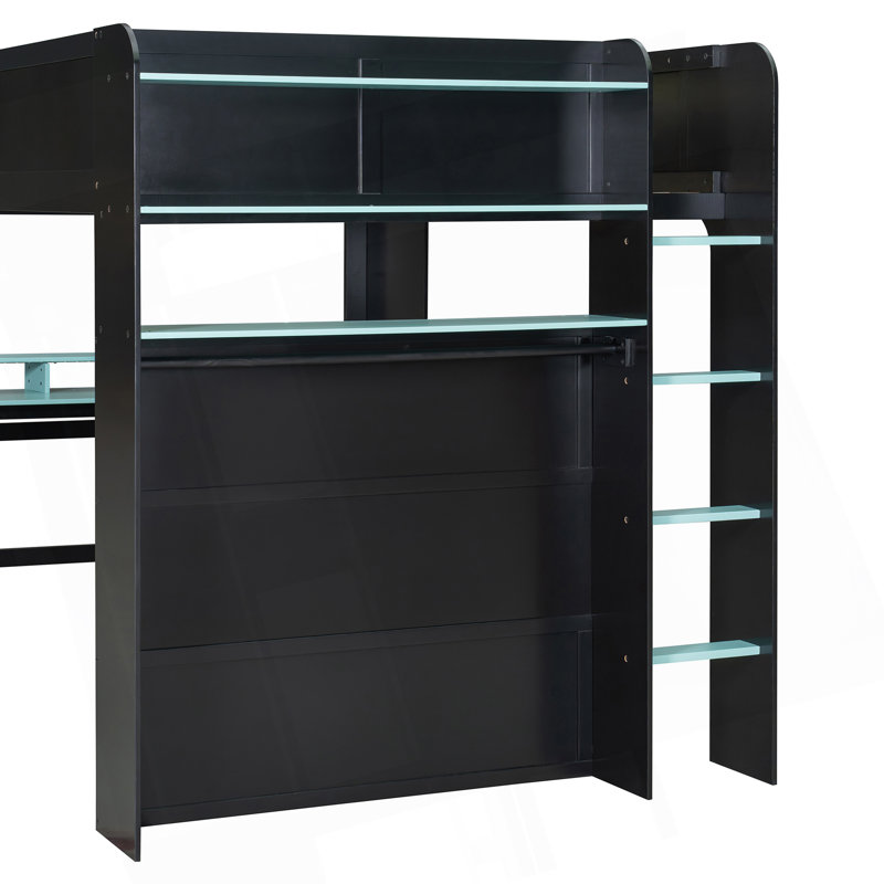 Lit superposé double en bois pleine grandeur avec bureau à hauteur réglable, garde-robe, grand espace de rangement et lumière RVB