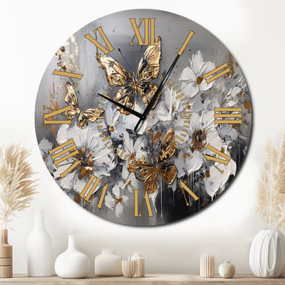 Horloge murale Golden Golden Butterfly Wings And Flowers I - Floral