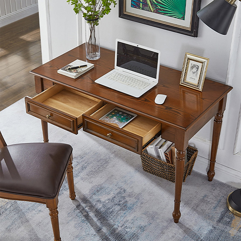 Bureau d'écriture rectangulaire avec tiroirs en bois massif brun châtaignier, Brun châtaigne