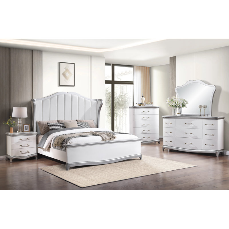 Nina White and Silver 4-Piece Bedroom Set, Queen, 4 Pcs: Mirror, Bed, Dresser, Nightstand, Queen