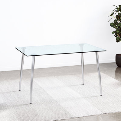 Table en verre moderne et minimaliste pour 4 à 6, verre trempé de 0,31 po d'épaisseur, pieds en métal plaqué argent, nettoyage rapide des taches, cuisine et salle à manger, 51 po x 31 po, 30 po de long, 31,5 po