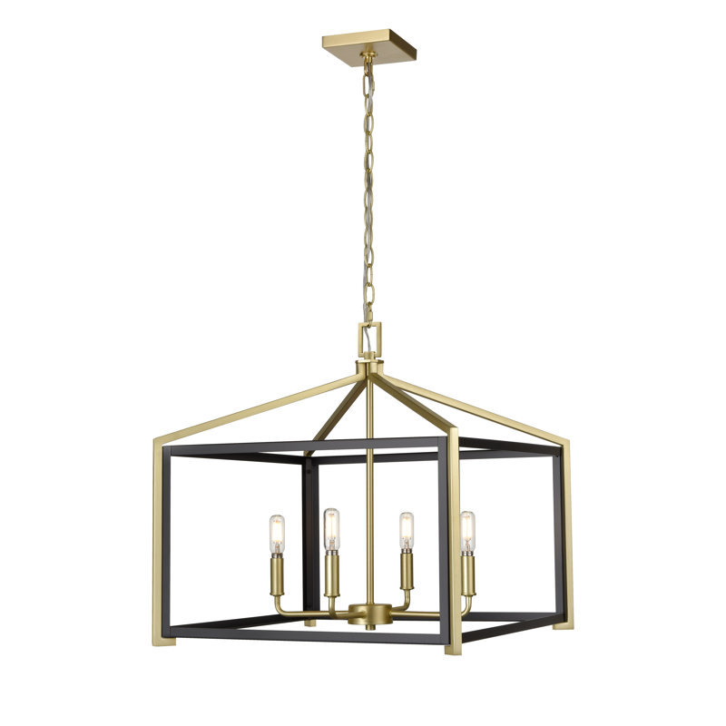 4 - Light Dimmable Lantern Modern Linear Chandelier, Black/Polished Nickel, 19.75" H x 20" W x 20" D
