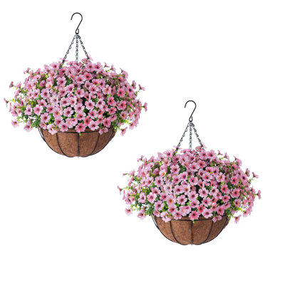Ensemble de 2 fleurs artificielles d'extérieur avec panier suspendu, 2 jardinières suspendues avec 24 pièces de fleurs pour le printemps, la véranda et le patio, ensemble de 2
