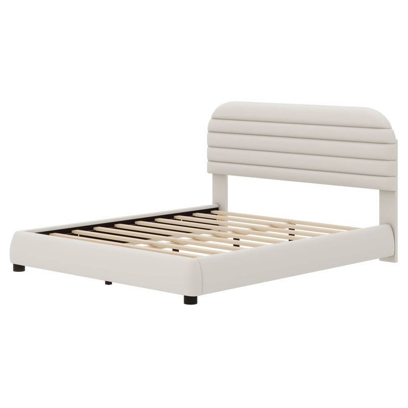 Grand lit plateforme tapissier en velours, structure solide et conception courbée élégante, Beige