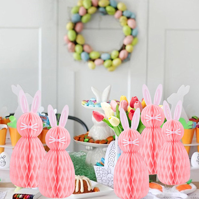5 pièces de centre de table de famille de lapin en forme de nid d'abeille, 5 pièces de décorations de lapin, arbre de Pâques