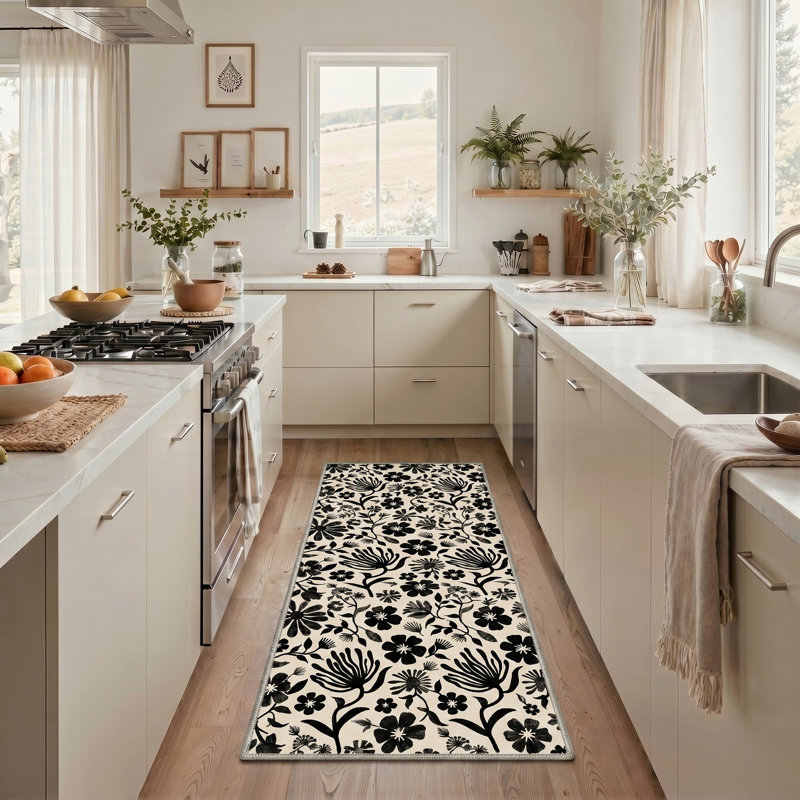 Abrahamson Veridiana Floral Machine Washable Beige / Black Indoor Area Rug with Non-Slip Backing, Runner 2' x 6'