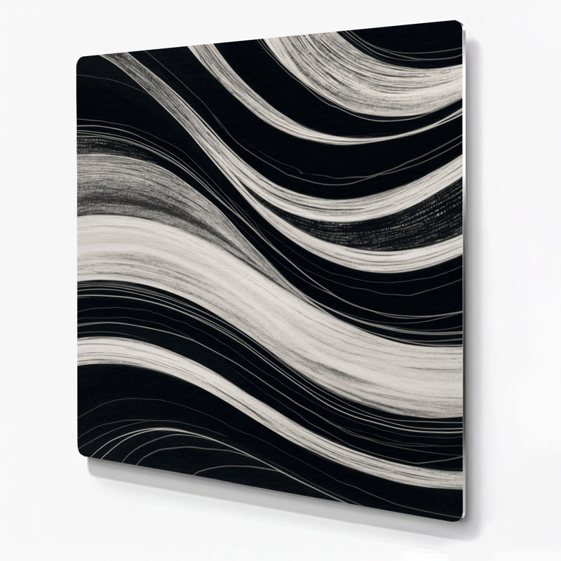 Art mural horizontal rayé gris clair, gris foncé, noir et métal, H 12 po x l 12 po
