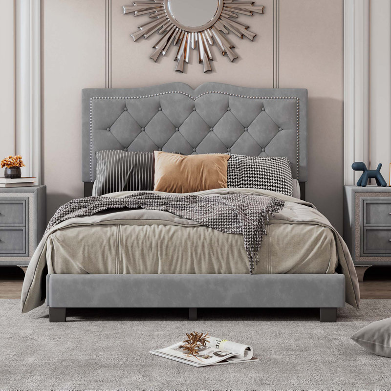 Upholstered Platform Bed with Tufted Velvet Headboard and Decorative Rivets, Modern Elegant Bed Frame, Gray, Full / Double