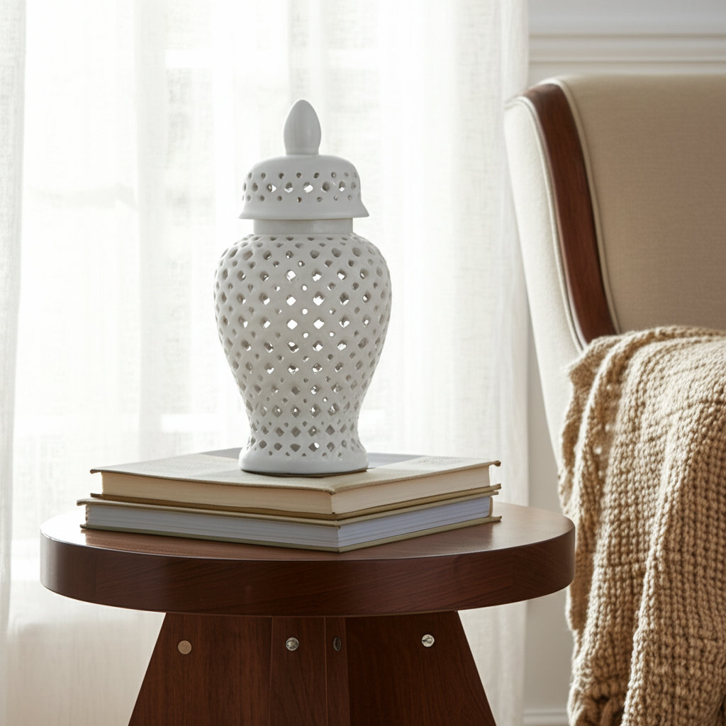 Modern Decorative Jar for Home Decor – Glossy Ceramic Table Jar with Pierced Cutout Design – Stylish Accent for Shelf, Console, or Mantel – Ideal for Contemporary and Transitional Spaces Kelly Clarkson Home 