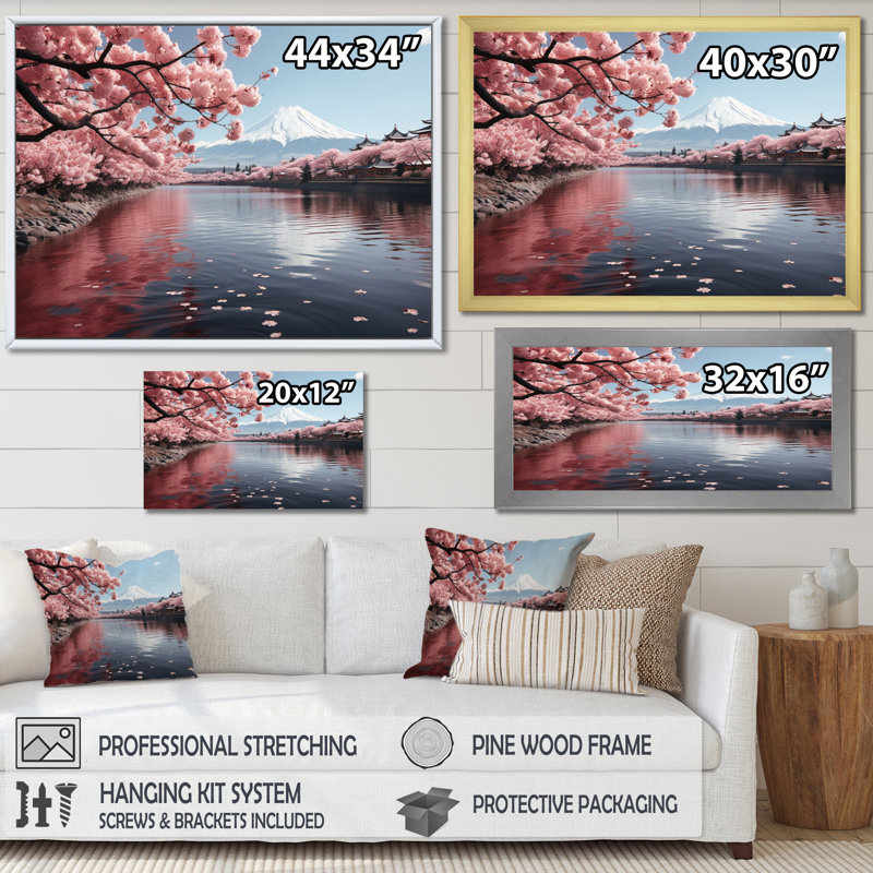 Japon Art Pink Mount Fuji V - Japan Art Canvas Prints, H 16 po x l 32 po x P 1 po, Cadre flottant doré