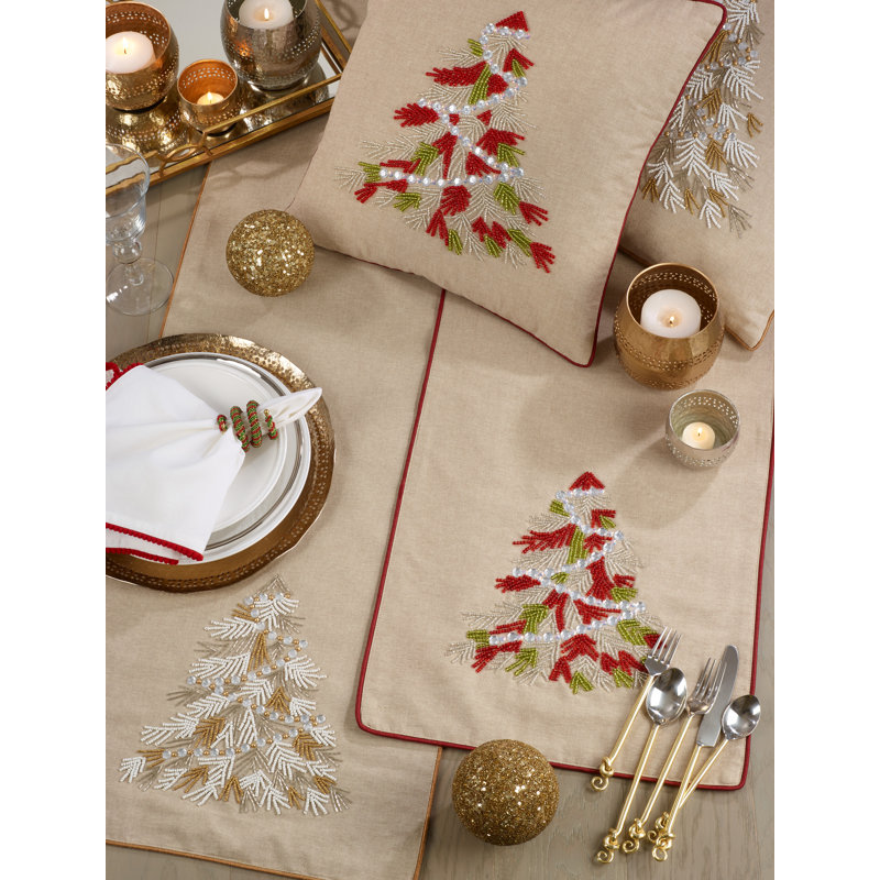 Jemison Christmas Tree Beaded Table Runner, Gold