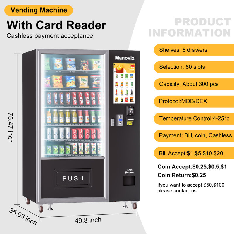 76In L Snack and Cold Beverages Combo Vending Machine 21 Inch Credit Card Reader and Coin/Bill Acceptor, 60 Slots/Refrigerated with Touch Screen