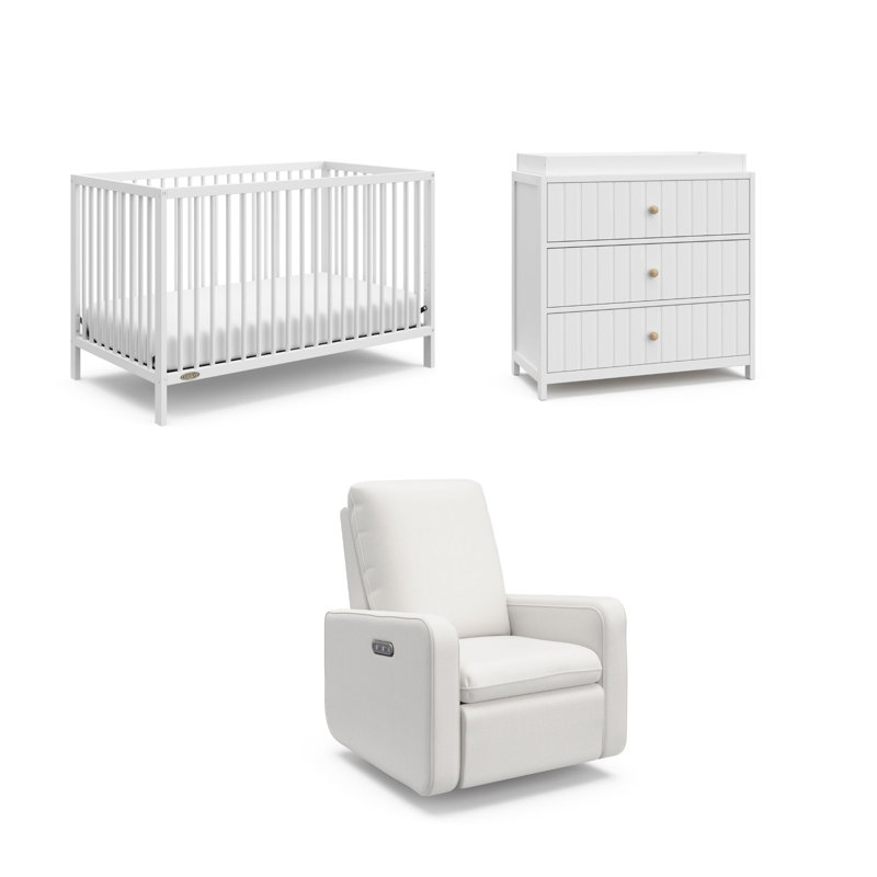 Ensemble de lit de bébé convertible 5-en-1 Graco Teddi, commode 3 tiroirs avec plateau à langer et ensemble de chambre de bébé inclinable électrique 3 pièces