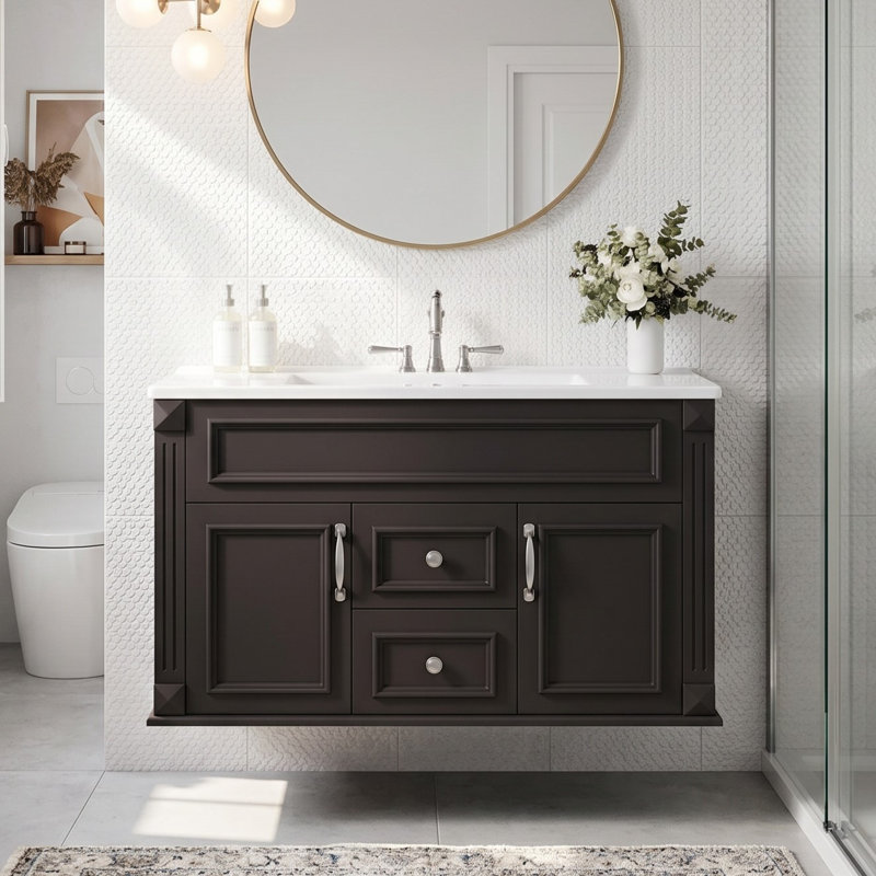 Armoire de salle de bain murale avec lavabo en céramique et style simple français, Noir