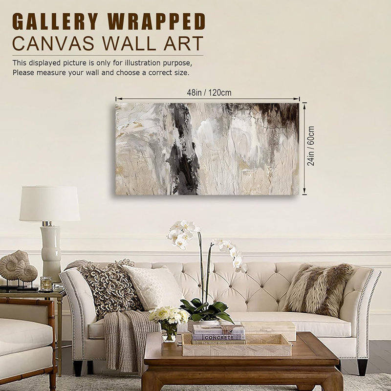 Large Neutral Abstract Wall Art (Beige, Gallery Wrap, 48" X 24"), Modern Abstract Artwork Pictures Wall Decor Retro Painting Rustic Canvas Prints For Living Room Office Decoration