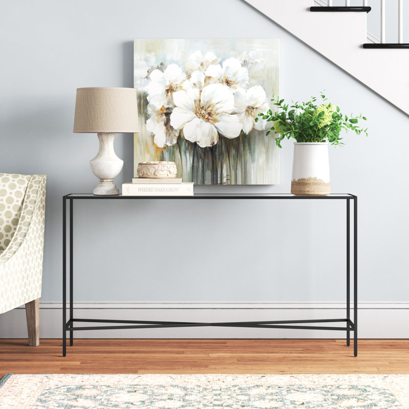Glass Top Console Table, 30" H x 55" W x 10" D, Blackened Bronze