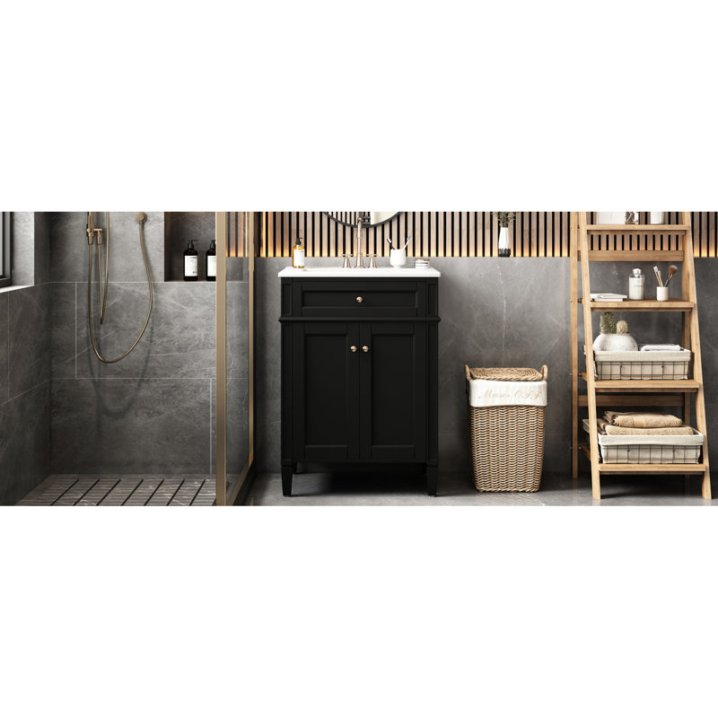 Meuble-lavabo de 24 po avec lavabo, 2 portes et tiroir basculant pratique pour une utilisation quotidienne, Noir