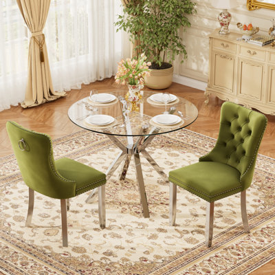 Ensemble de table de salle à manger rond transparent pour 2 à 4 personnes, table de cuisine moderne en verre trempé et chaises avec fauteuil capitonné en velours pour la salle à manger, petit espace, appartement
