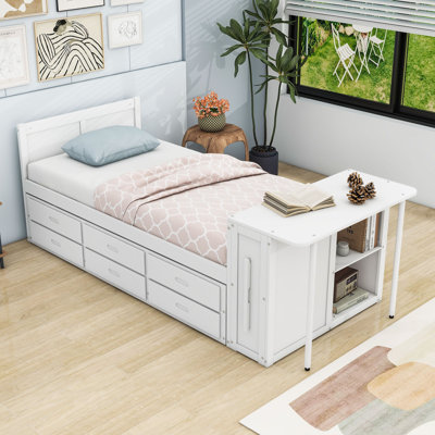 Lit plateforme simple en bois avec lit gigogne, tiroirs de rangement et bureau Lassen