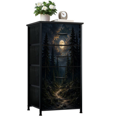 Commode verticale à 4 tiroirs, motif chemin forestier, pins et terrain rocailleux, plateau en bois, tiroirs à poignées en tissu