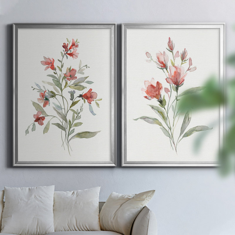 Lin botanique corail III - ensemble de 2 reproductions d'art, H 22,5 po x l 61 po x P 1,5 po, Toile encadrée argentée