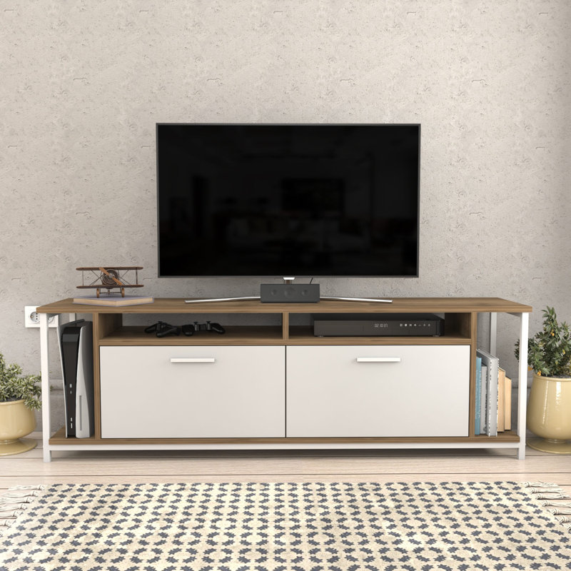 Meuble télé moderne avec une élégante finition blanche et noyer, 63,0 x 13,8 x 20,0 pouces | 100% panneau de particules enduit de mélamine, épaisseur: 0,7 pouce | Design élégant et fonctionnel pour le salon et les espaces de divertissement