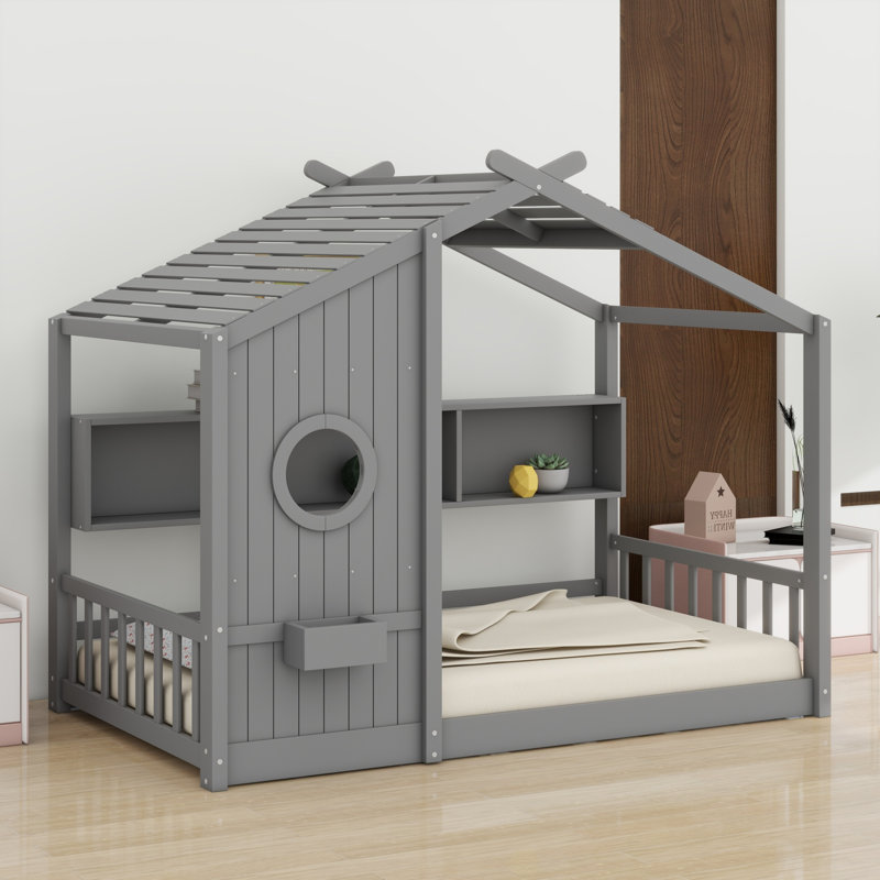 Lit sur pied avec tablette de rangement, Gris